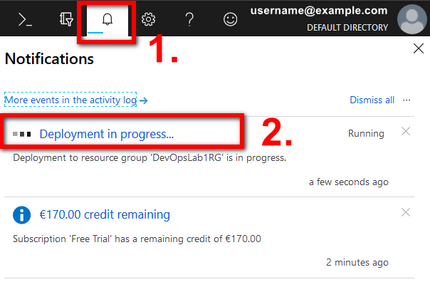 Screenshot of the Notifications pane in Azure Portal. The Notifications icon is highlighted, to illustrate how to access the Notifications pane from the top menu in Azure Portal. The Deployment in progress message is highlighted, to illustrate how to access the runbook deployment overview pane.